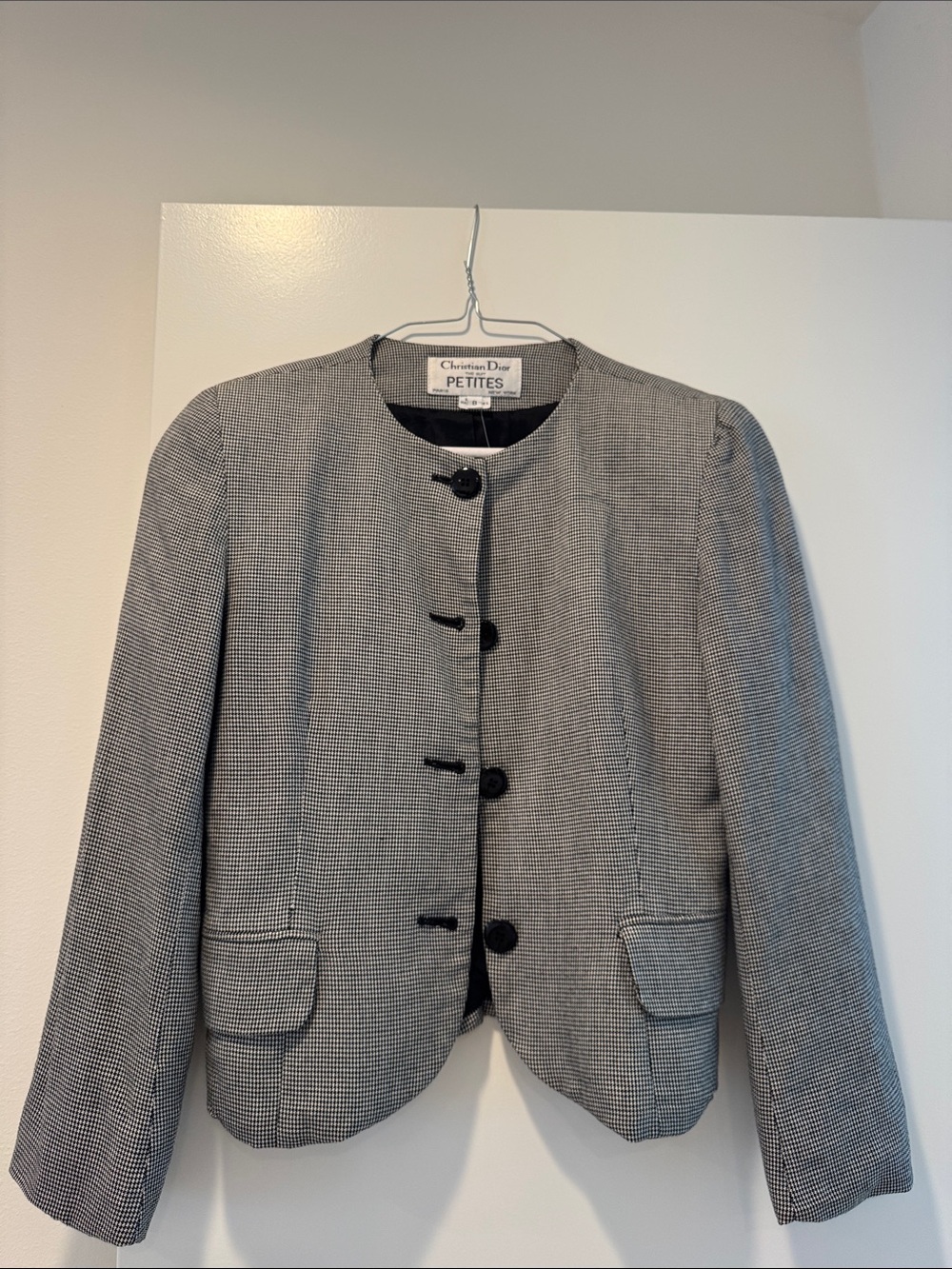 VINTAGE Dior Petite Black and White Collarless Houndstooth Jacket